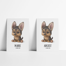 Plakat: Baby hund, fødselstavle, begivenhedstavle