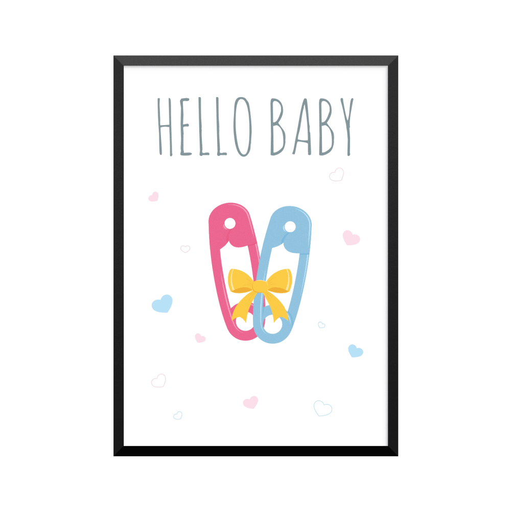 Plakat: 'HELLO BABY' safety pins, pink og blå