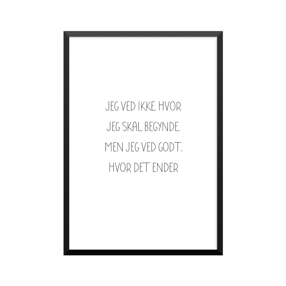 Plakat: 'JEG VED IKKE, HVOR JEG SKAL BEGYNDE, MEN JEG VED GODT, HVOR DET ENDER...'