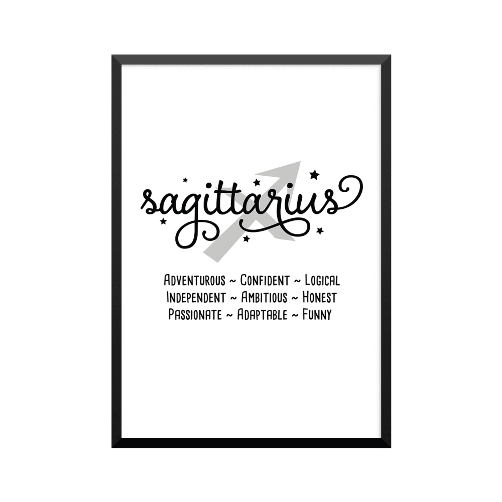 Plakat: Stjernetegn Sagittarius med stikord, UK