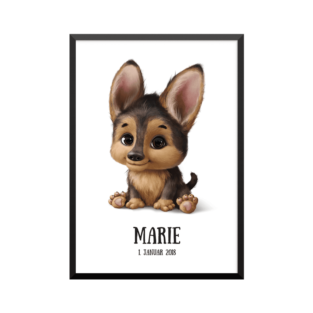 Plakat: Baby hund, fødselstavle, begivenhedstavle