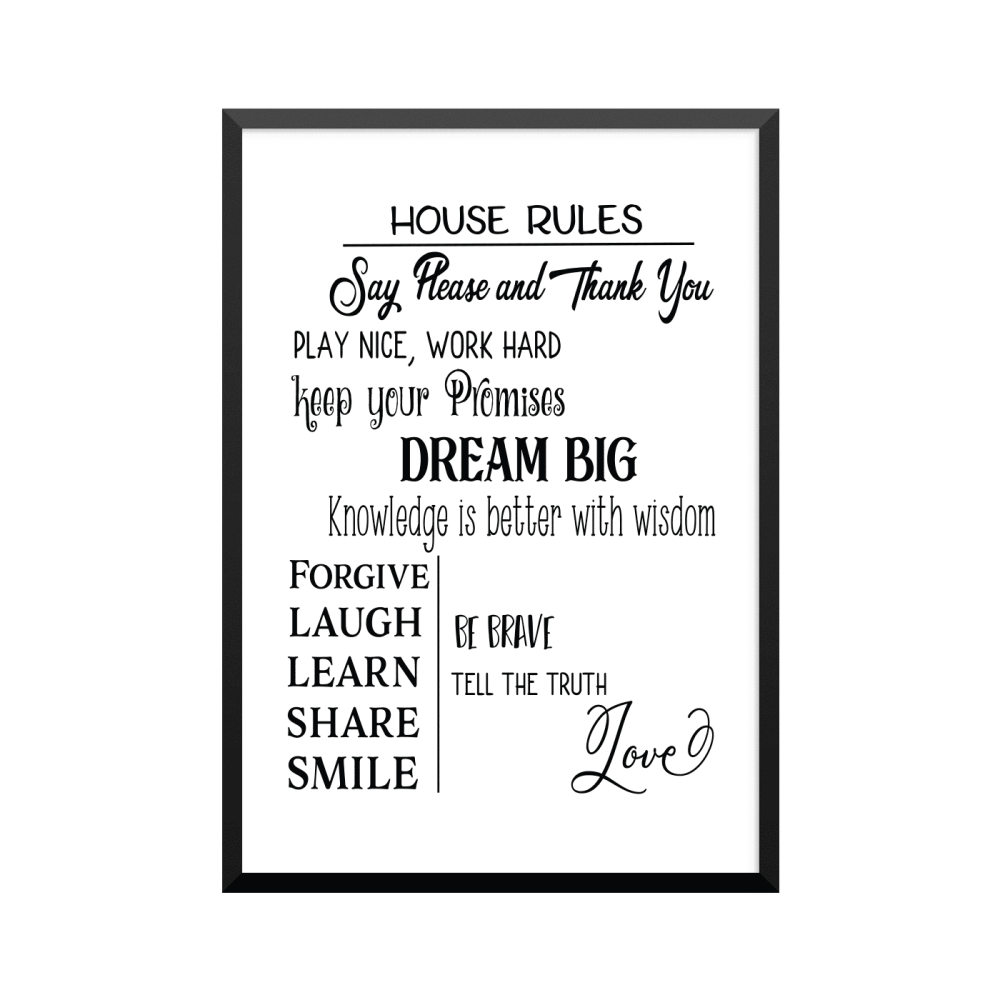 Plakat: Husregler 'FORGIVE LAUGH LEARN SHARE SMILE'