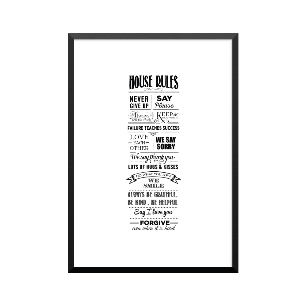 Plakat: Husregler 'NEVER GIVE UP'