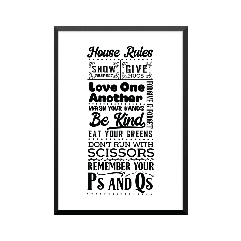 Plakat: Husregler 'SHOW RESPECT GIVE HUGS'