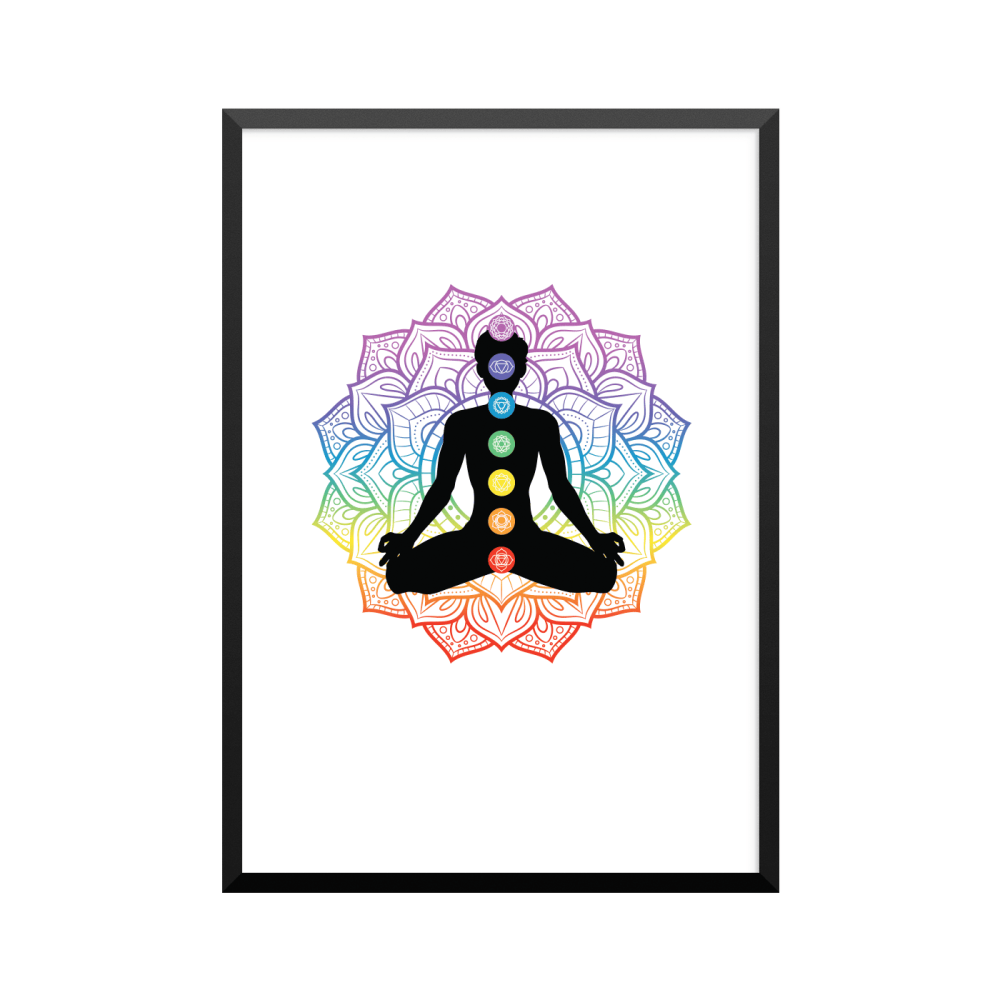 Plakat: Chakraer på mediterende mand, yoga