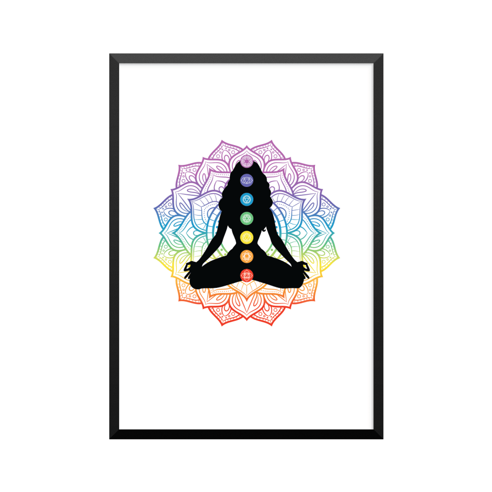 Plakat: Chakraer på mediterende kvinde, yoga