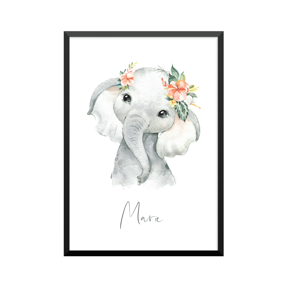 Plakat: Afrikas dyr, elefantunge med blomst