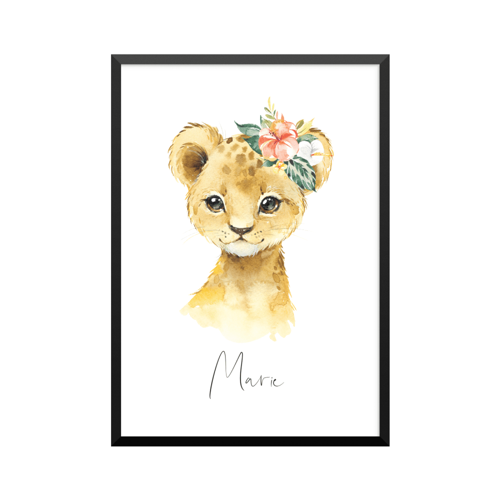 Plakat: Afrikas dyr, løveunge med blomst