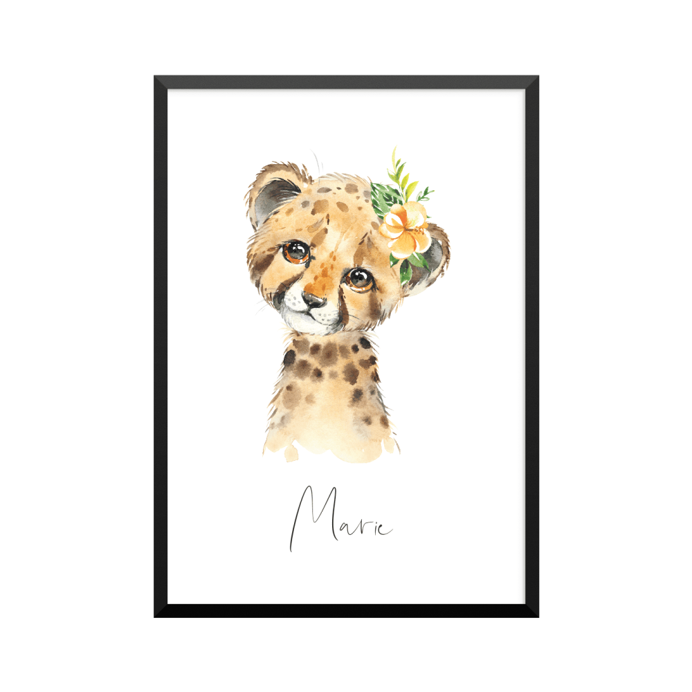 Plakat: Afrikas dyr, leopardunge med blomst