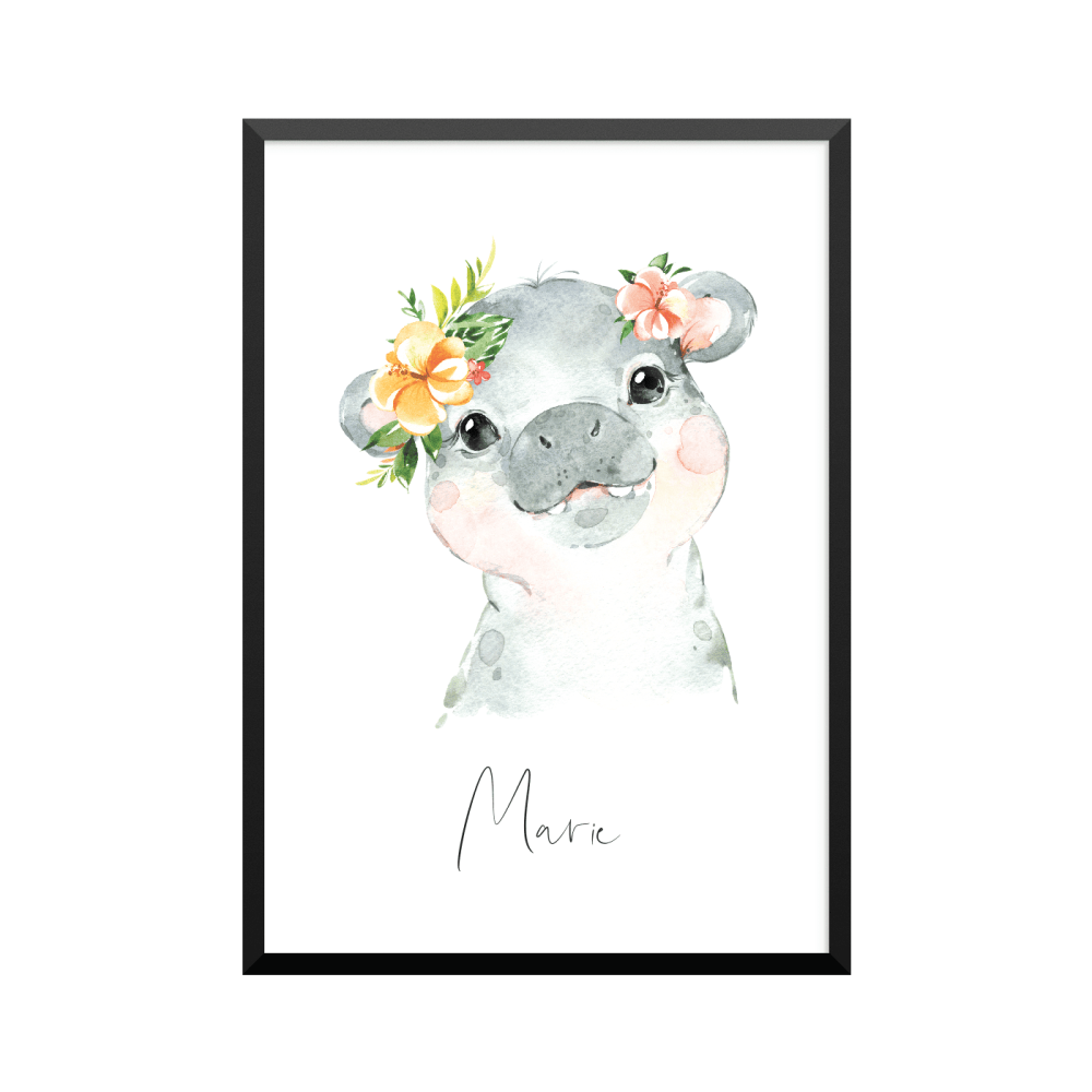 Plakat: Afrikas dyr, flodhesteunge med blomst