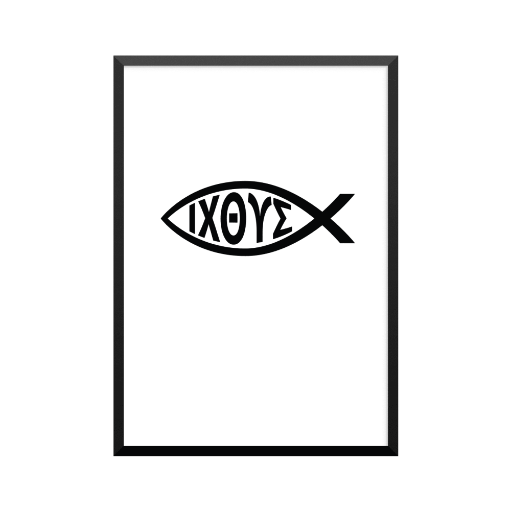Plakat: Kristent symbol, fisk og teksten 'IXOYE'