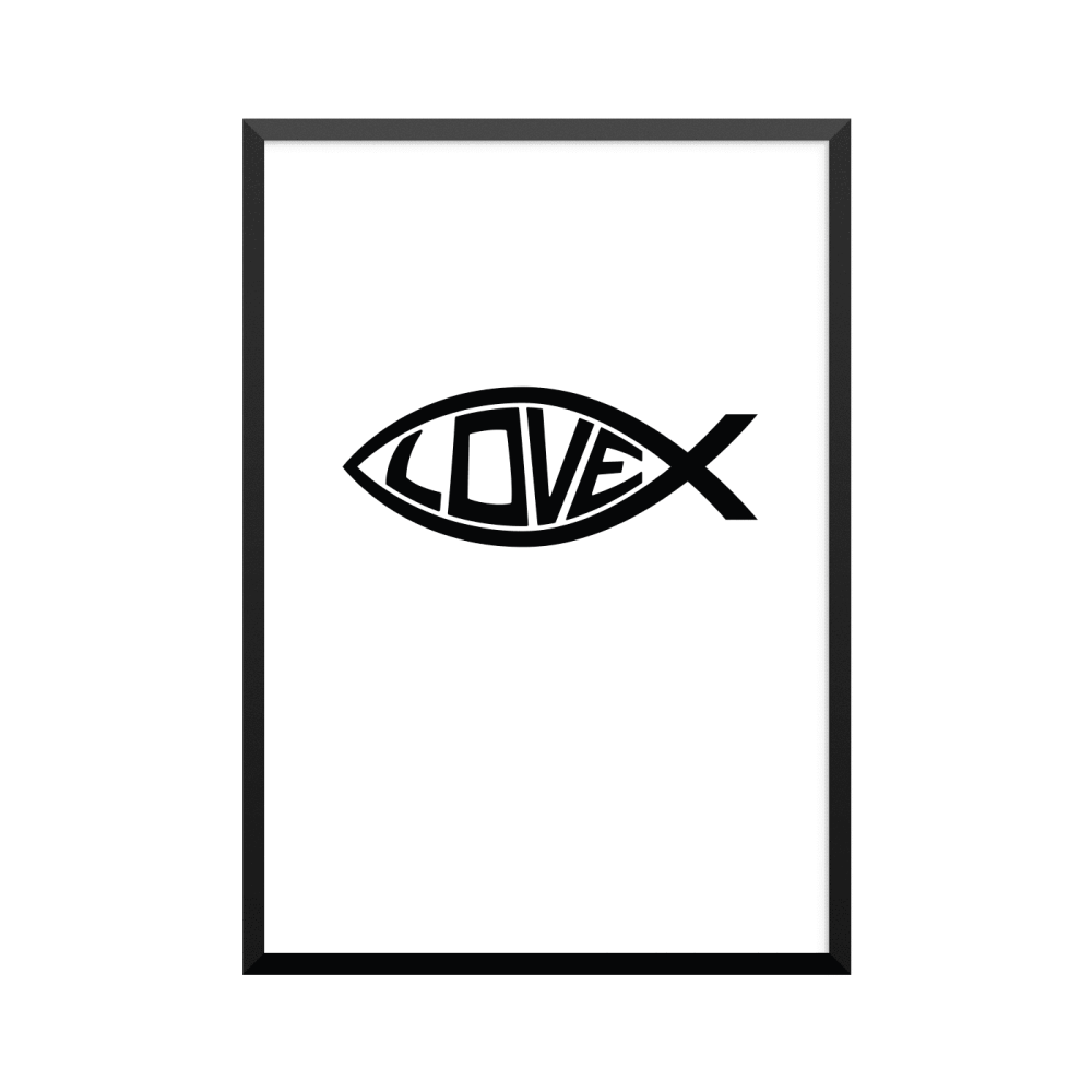 Plakat: Kristent symbol, fisk og teksten 'Love'