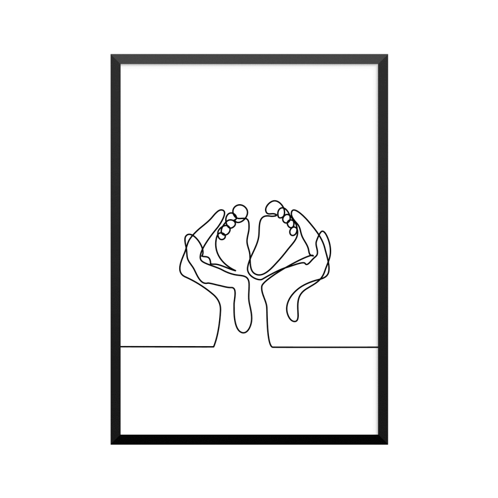 Plakat: Hænder holder babyfødder, one line