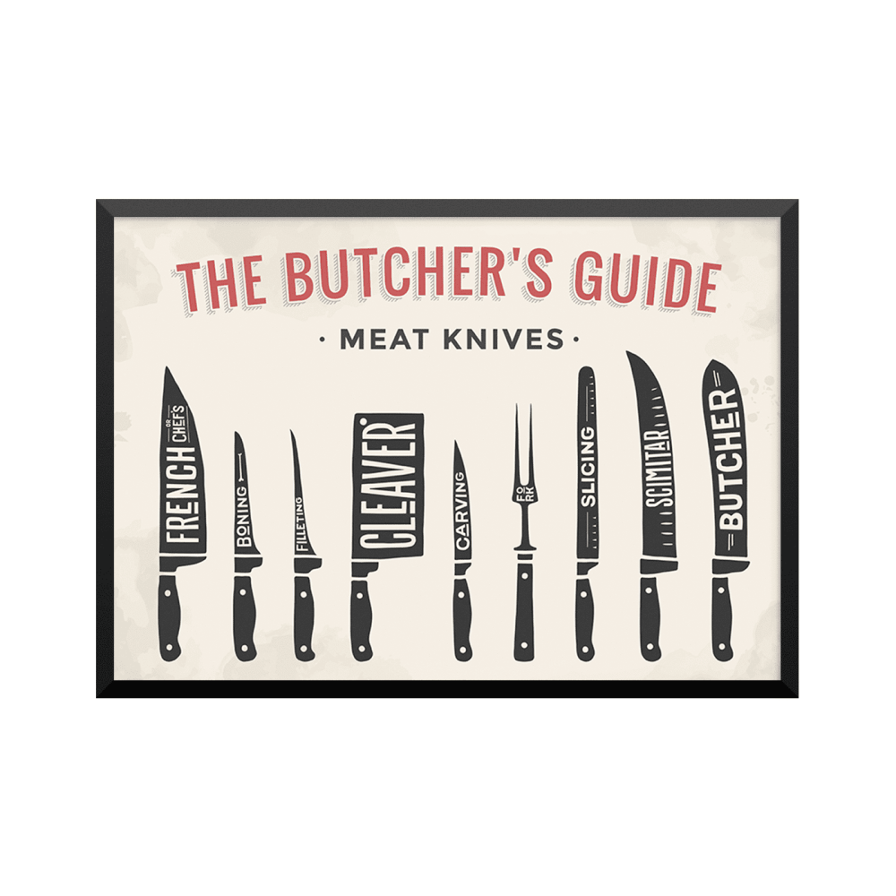 Plakat: Knivoversigt kødknive, 'The Butcher's Guide - Meat Knives'