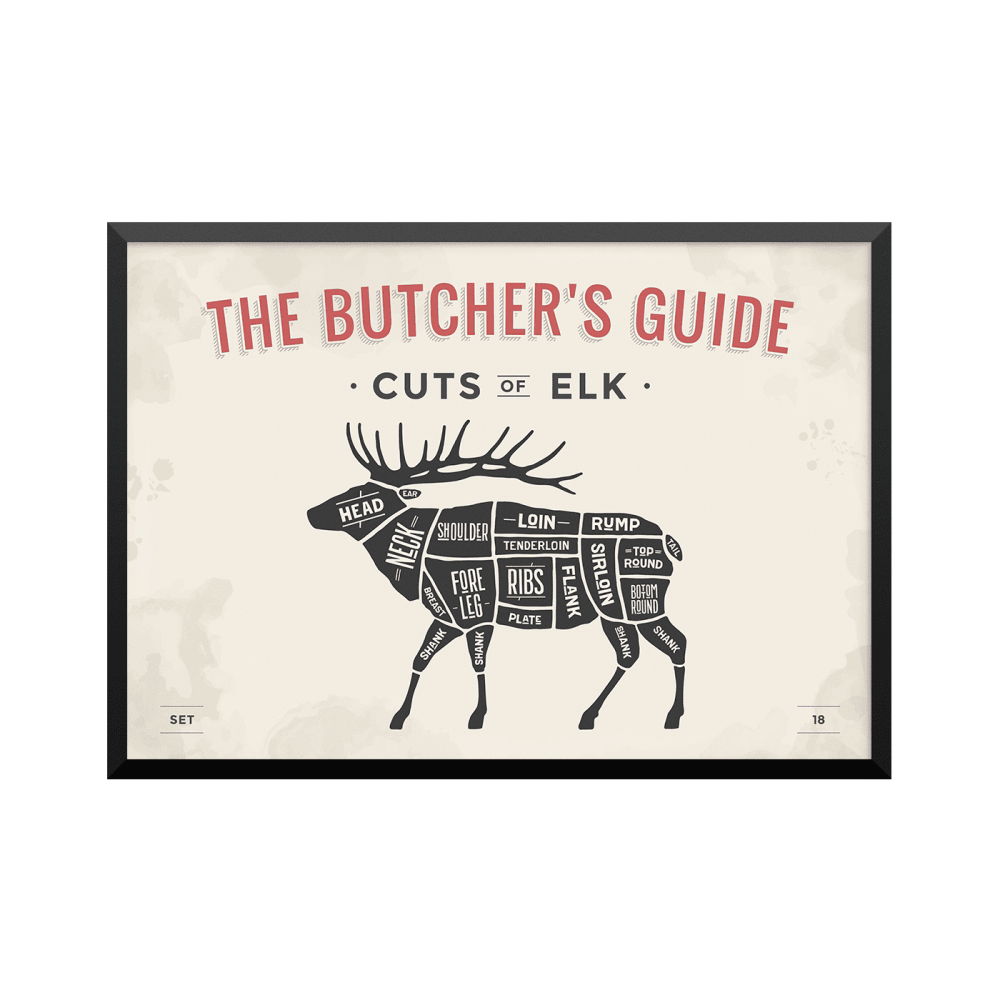 Plakat: Udskæringsoversigt krondyr, 'The Butcher's Guide - Cuts Of Elk'