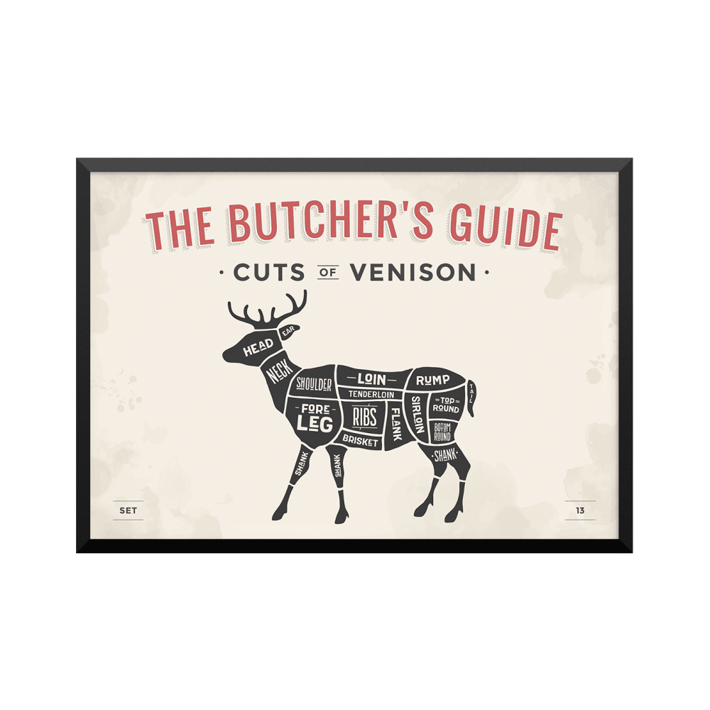 Plakat: Udskæringsoversigt råvildt, 'The Butcher's Guide - Cuts Of Venison'