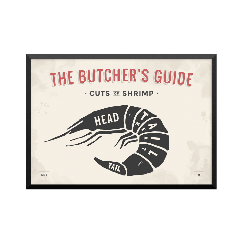 Plakat: Udskæringsoversigt reje, 'The Butcher's Guide - Cuts Of Shrimp'