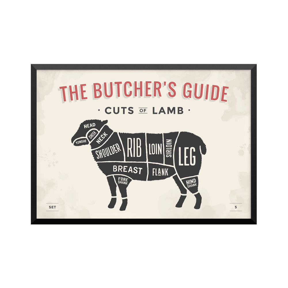Plakat: Udskæringsoversigt lam, 'The Butcher's Guide - Cuts Of Lamb'