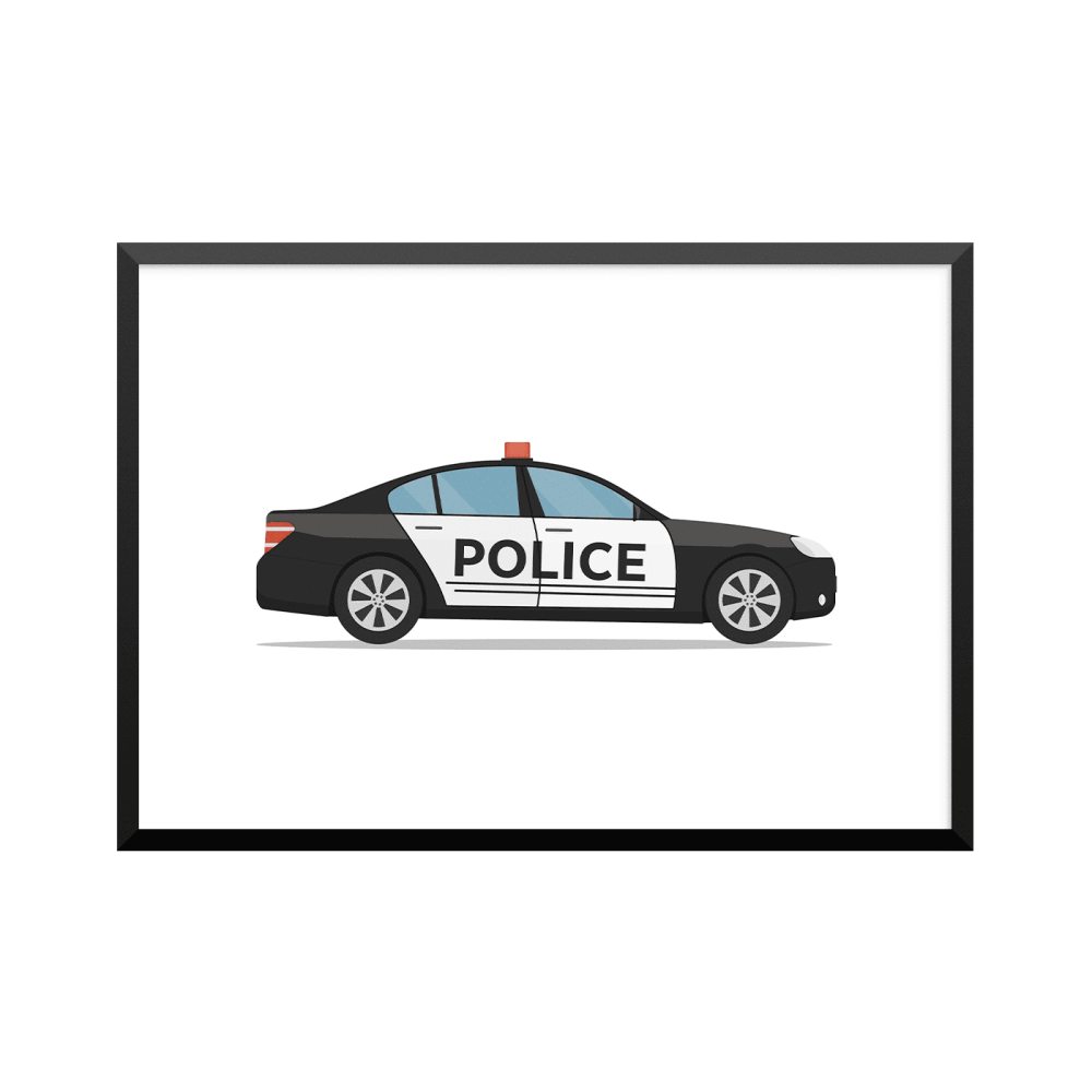 Plakat: Politibil, sort og hvid 'Police'
