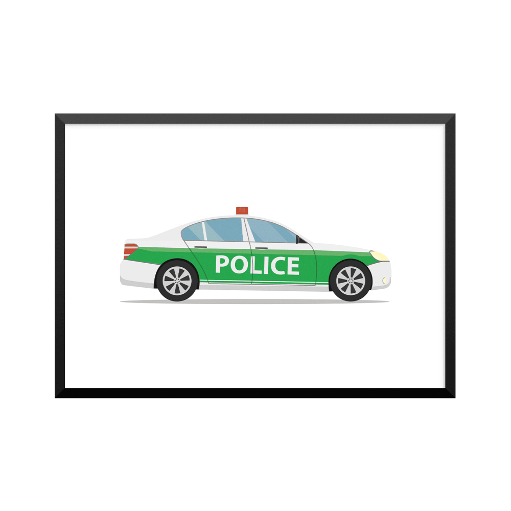 Plakat: Politibil, grøn og hvid 'Police'