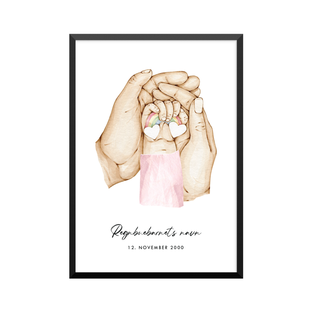 Plakat: Regnbuebarn, pige, regnbue og forældre, par, familie