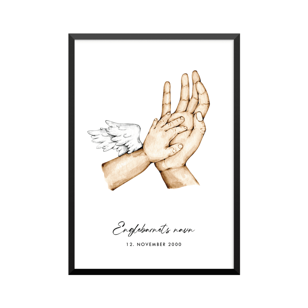 Plakat: Englebarn, hånd og vinger, forælder, familie