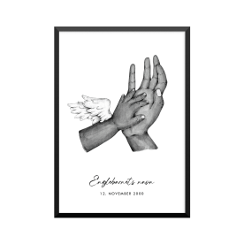 Plakat: Englebarn, hånd og vinger, forælder, familie