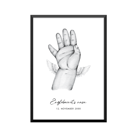 Plakat: Englebarn, hånd og vinger, familie