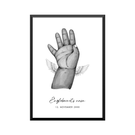 Plakat: Englebarn, hånd og vinger, familie