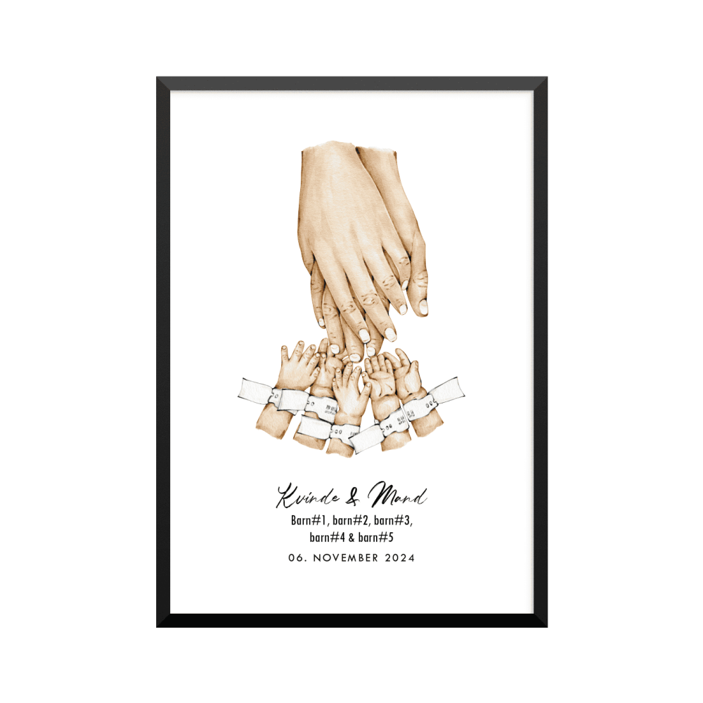 Plakat: 5 børn og par, ID armbånd, familie