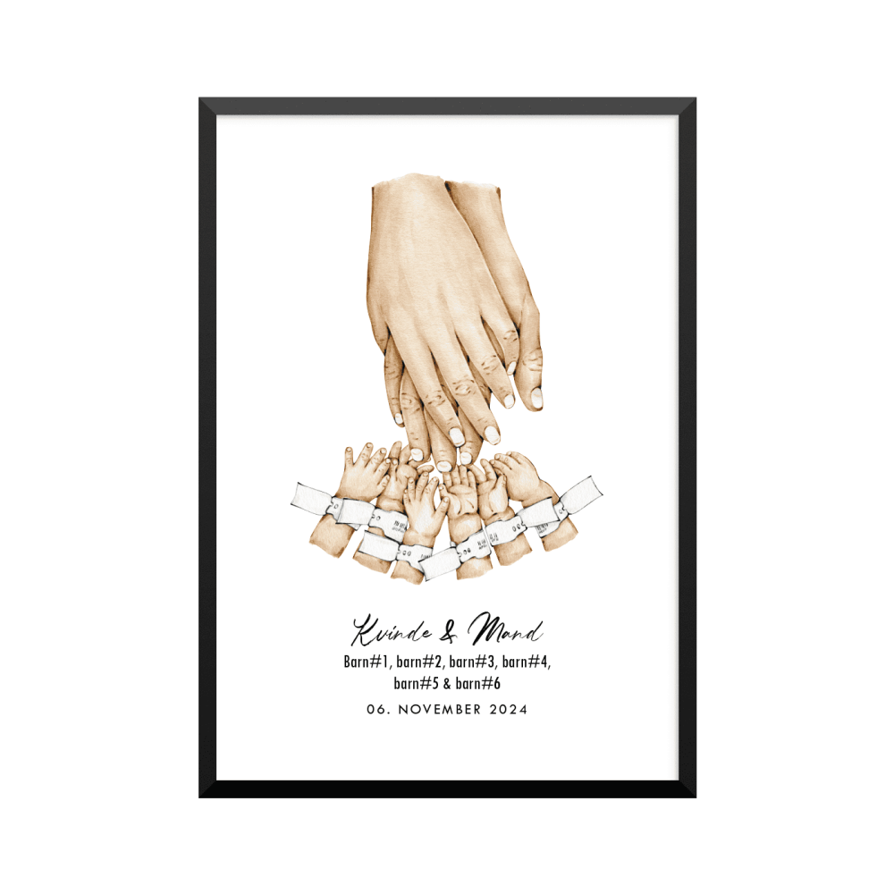 Plakat: 6 børn og par, ID armbånd, familie