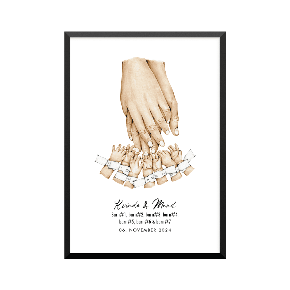 Plakat: 7 børn og par, ID armbånd, familie