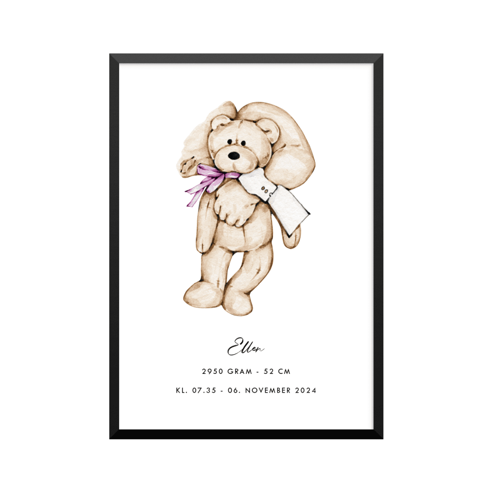 Plakat:  Nyfødt med bamse, pige, pink, fødselstavle, familie
