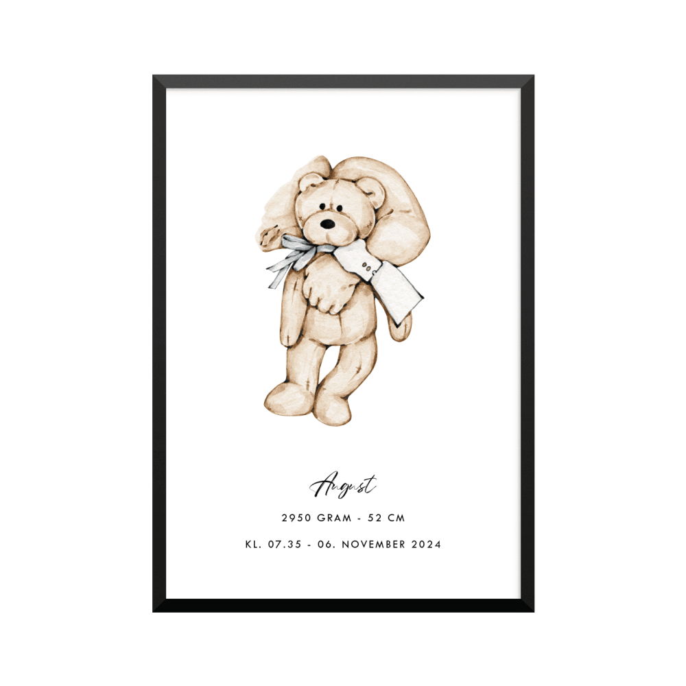Plakat:  Nyfødt med bamse, dreng, lyseblå, fødselstavle, familie