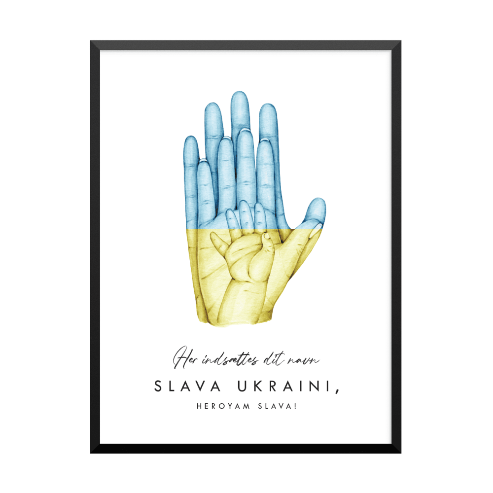Plakat: 'Slava Ukraini', hænder, flag, familie