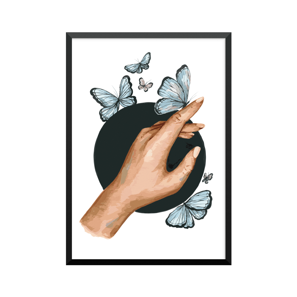 Plakat: 'Hånd med sommerfugle', watercolor