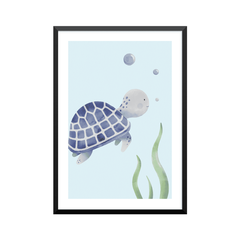 Plakat: Havskildpadde, blå, dreng, børn