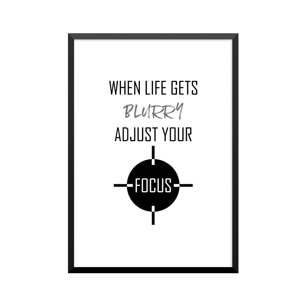 Plakat: 'WHEN LIFE GETS BLURRY ADJUST YOUR FOCUS', engelsk